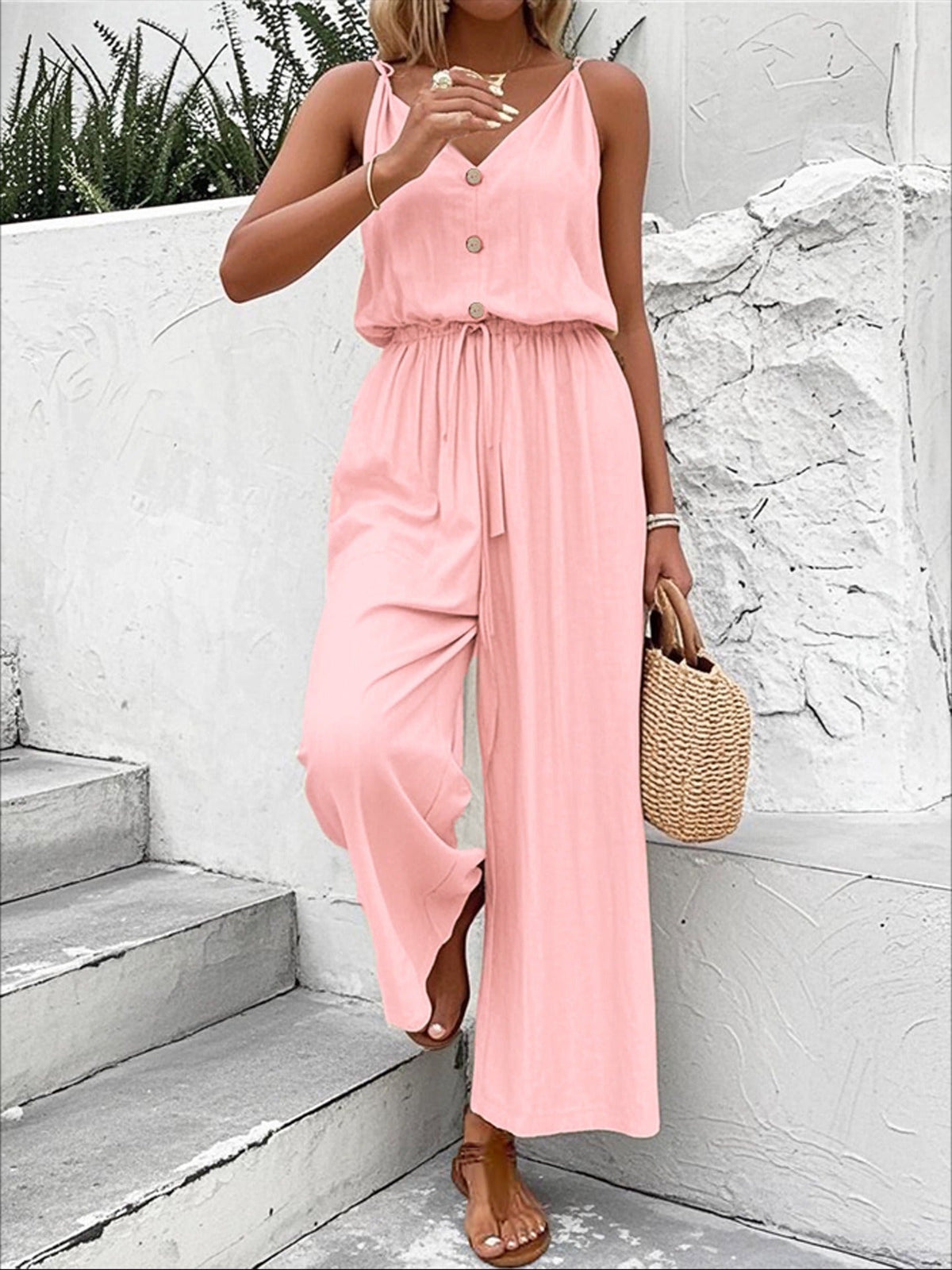 Women's Wide-Leg Jumpsuit – Sleeveless V-Neck Tie Waist