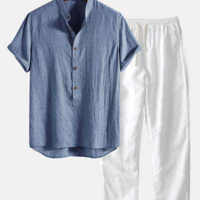 Men's Linen Two-Piece Set – Short Sleeve Drawstring