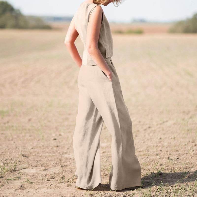 Women's Linen-Cotton Two-Piece Set – Wide-Leg Pants & Tank