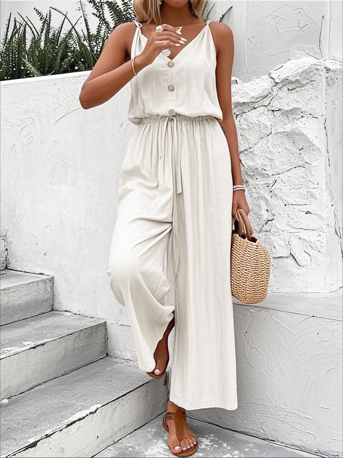 Women's Wide-Leg Jumpsuit – Sleeveless V-Neck Tie Waist