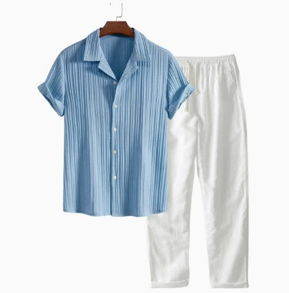 Men's Linen Two-Piece Set – Short Sleeve Drawstring