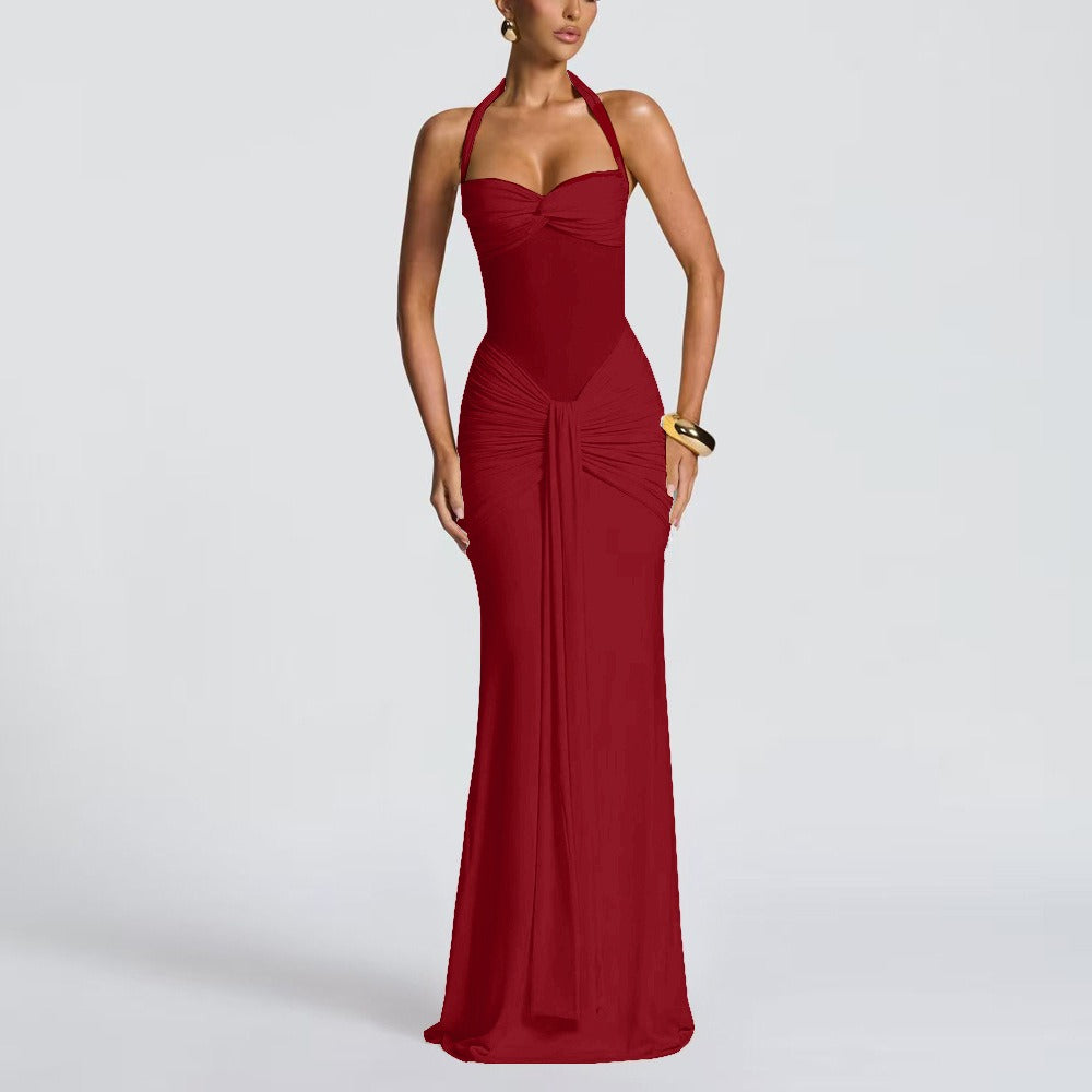 Women's Ruched Maxi Dress – Sheer Panel Detail