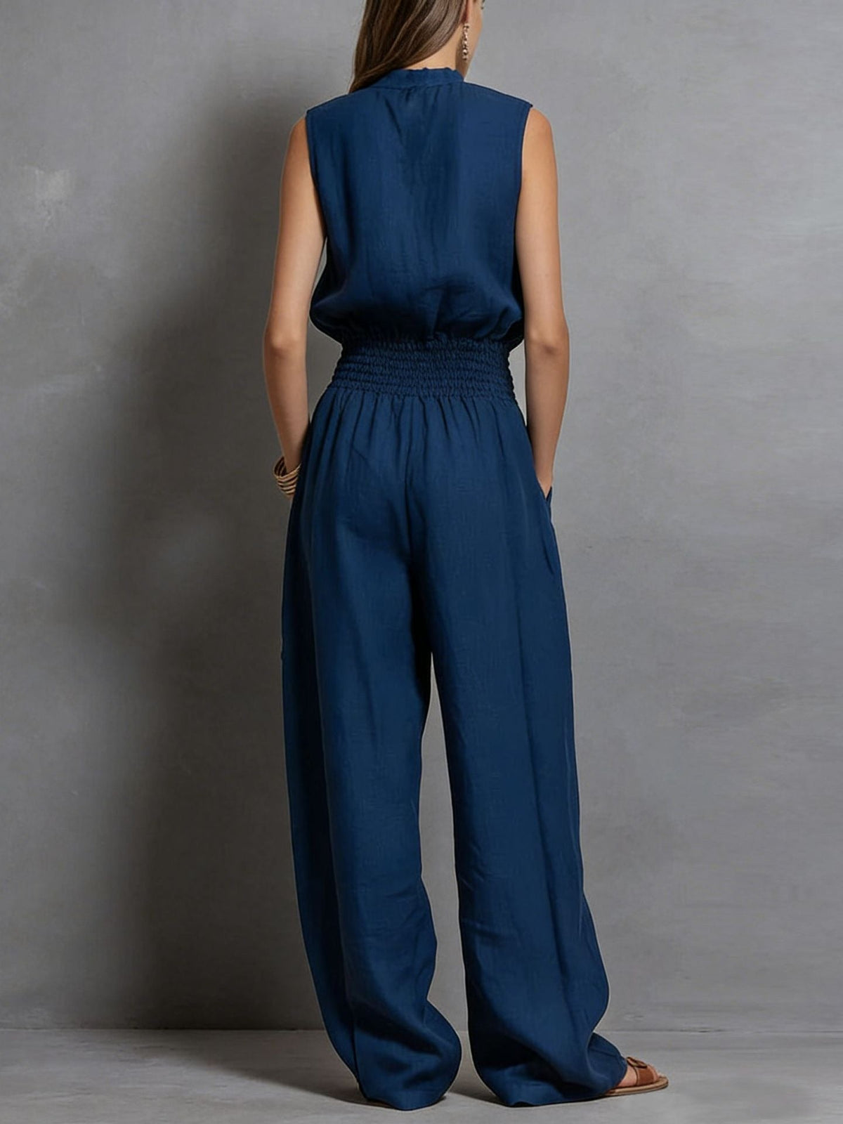 Women's Wide-Leg Jumpsuit – Sleeveless Drawstring Waist