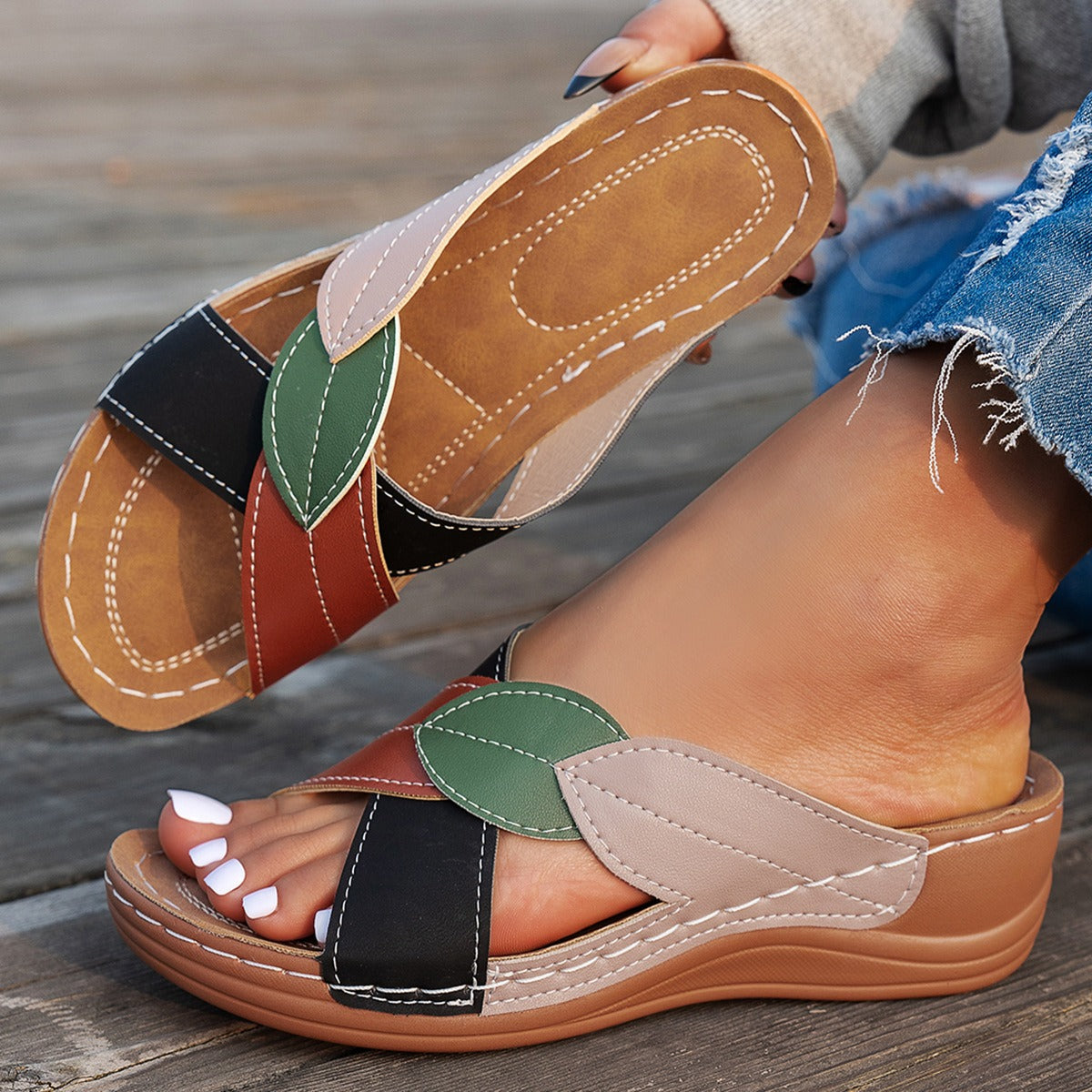 Women's Wedge Sandal – Crossover Strap Color Block