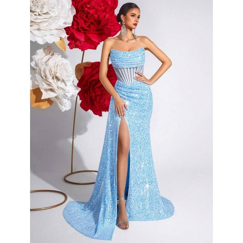 Women's Embellished Maxi Dress – Sheer Structured Bodice