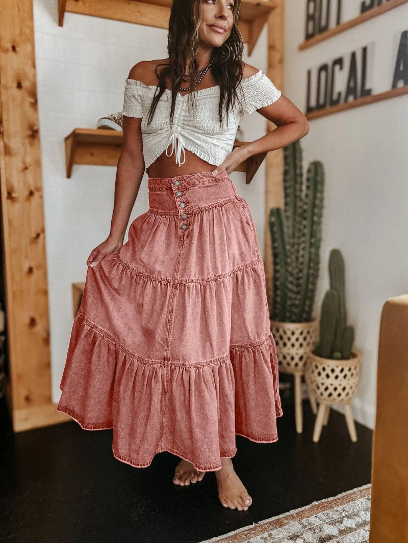 Women's Tiered Maxi Skirt – High-Rise Ruffled Flare