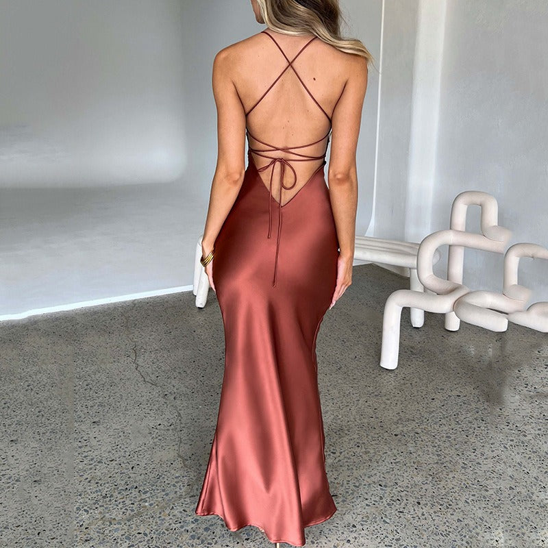 Women's Satin Maxi Dress – Open Lace-Up Back