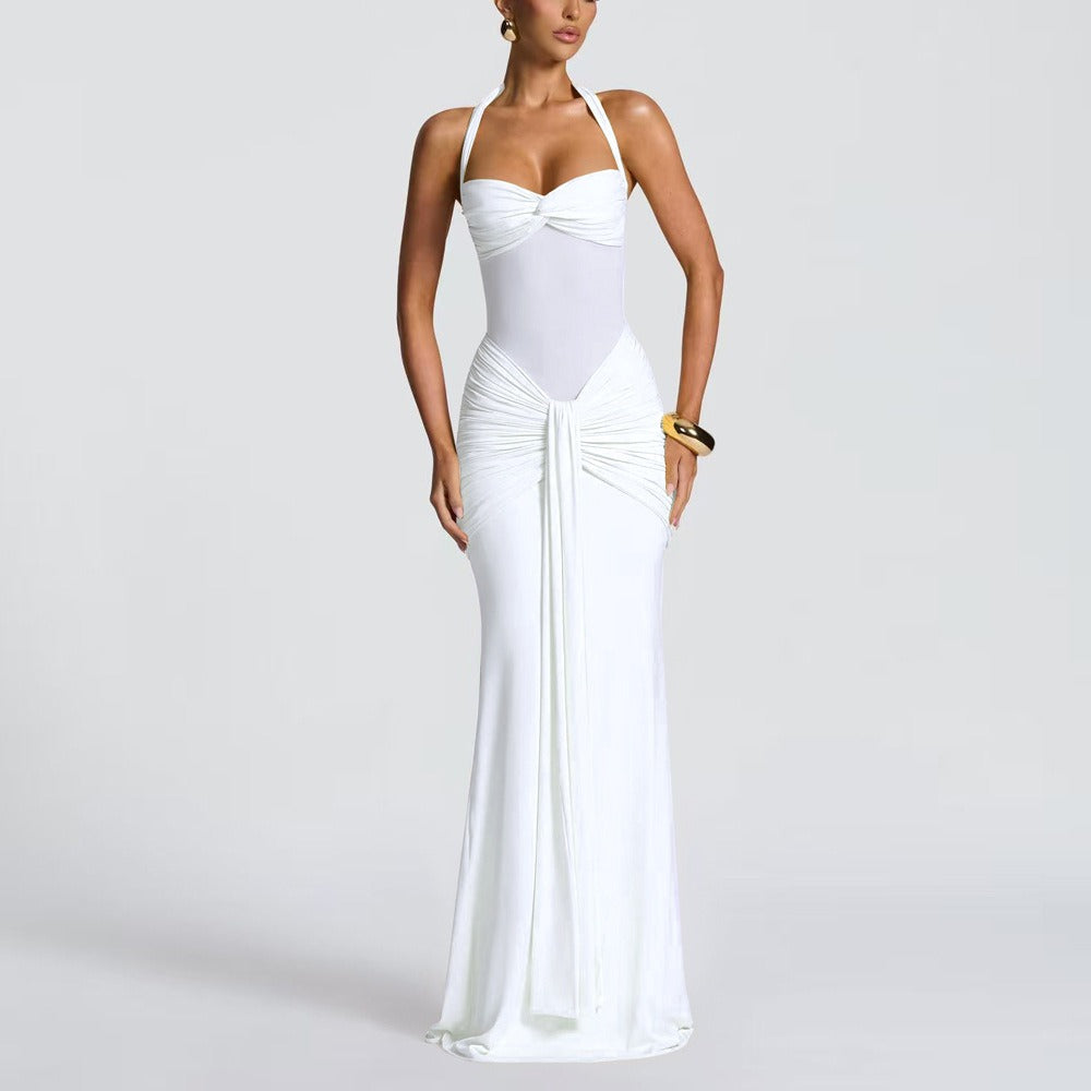 Women's Ruched Maxi Dress – Sheer Panel Detail
