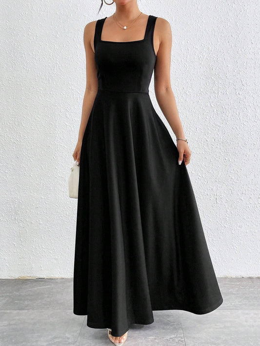 Women's Square Neck Maxi Dress – Fitted Waist A-Line