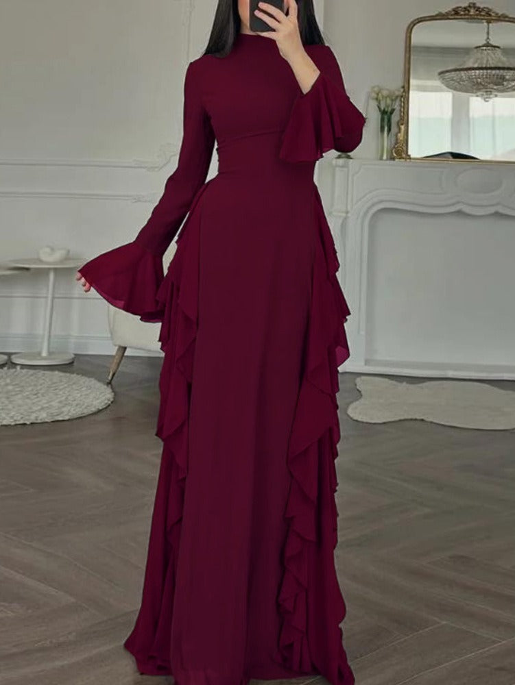 Women's Ruffled Maxi Dress – Flared Sleeve Floor Length