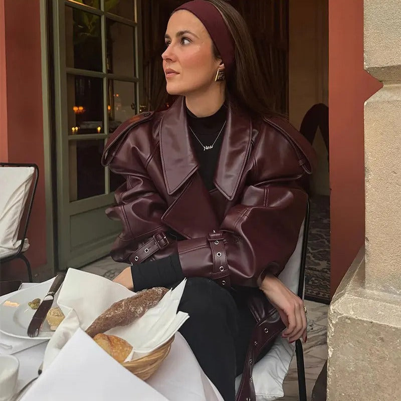 Women's Cropped Vegan Leather Jacket – Slim Lapel Collar