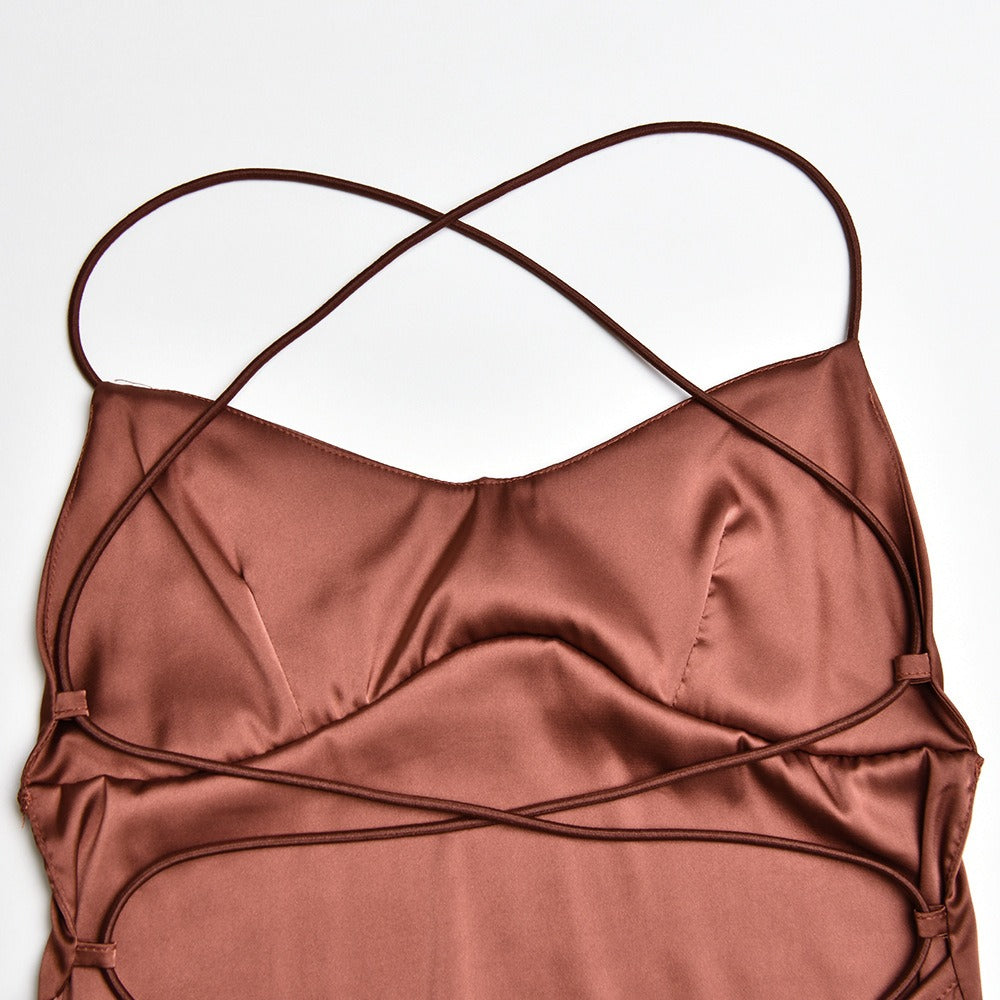 Women's Satin Maxi Dress – Open Lace-Up Back
