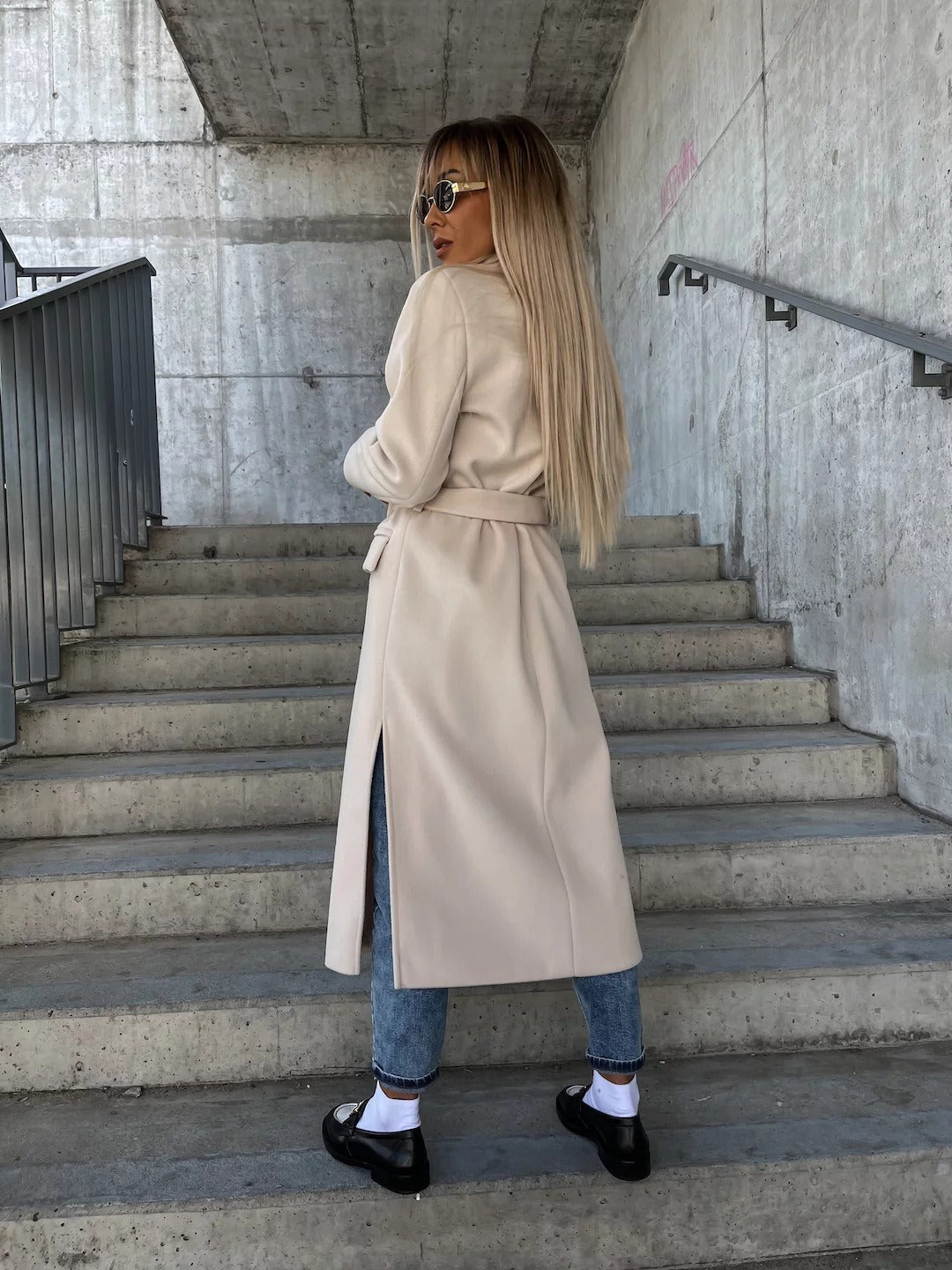 Women's Double-Breasted Long Coat – Belted Notch Lapel