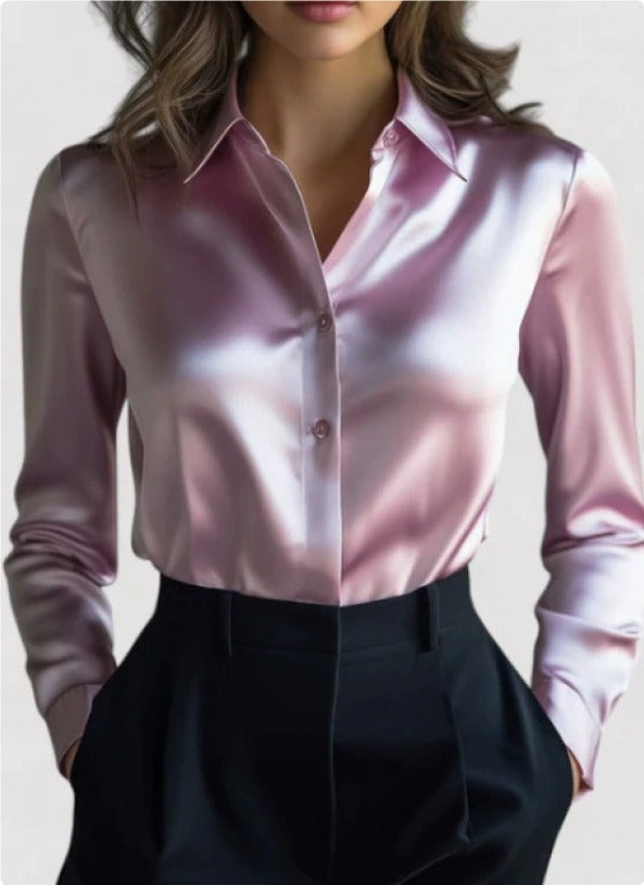 Women's Satin Button-Up Blouse – Relaxed Long Sleeve