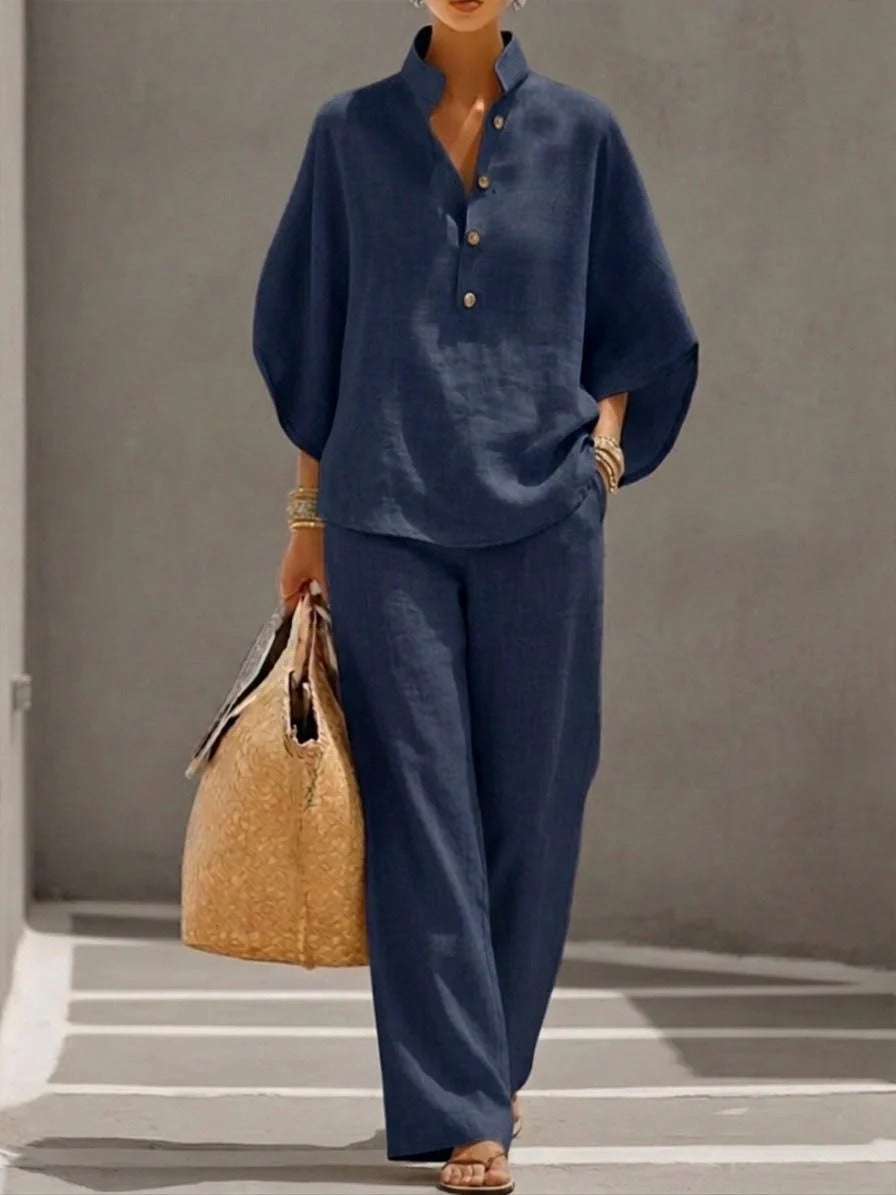 Women's Linen-Blend Co-ord Set – Oversized V-Neck Top