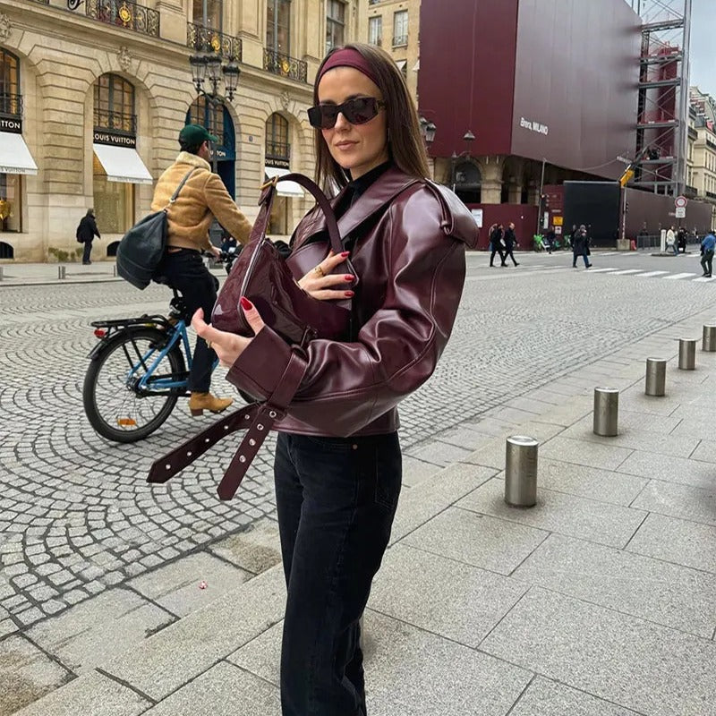 Women's Cropped Vegan Leather Jacket – Slim Lapel Collar