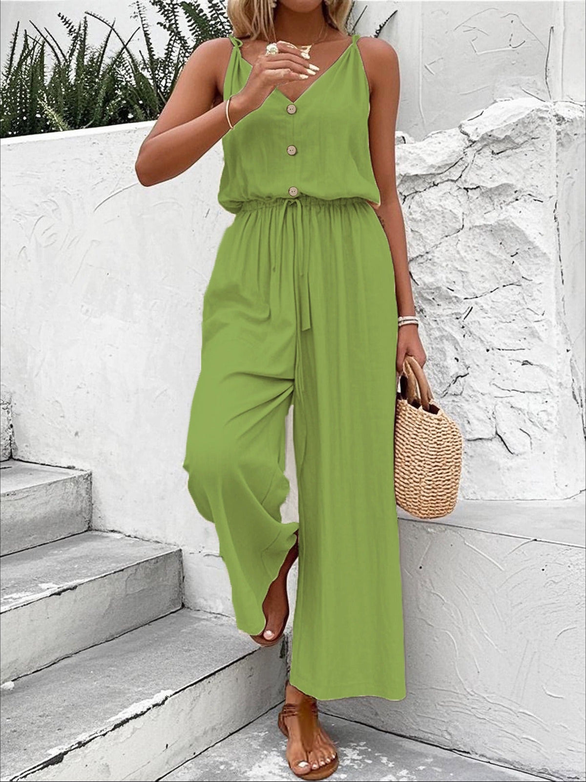 Women's Wide-Leg Jumpsuit – Sleeveless V-Neck Tie Waist