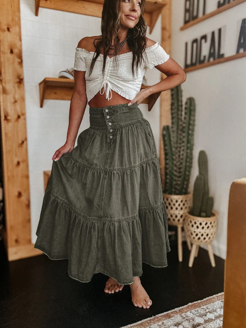 Women's Tiered Maxi Skirt – High-Rise Ruffled Flare