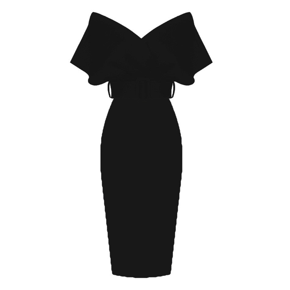 Women's Off-Shoulder Midi Dress – Belted Bodycon Fit