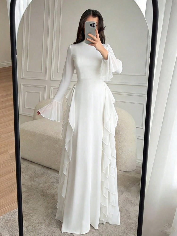 Women's Ruffled Maxi Dress – Flared Sleeve Floor Length