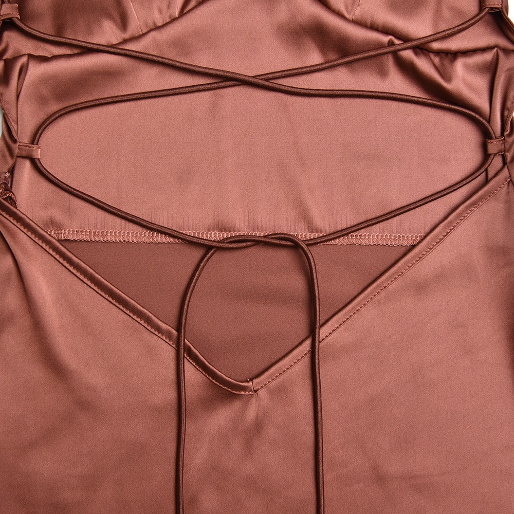 Women's Satin Maxi Dress – Open Lace-Up Back