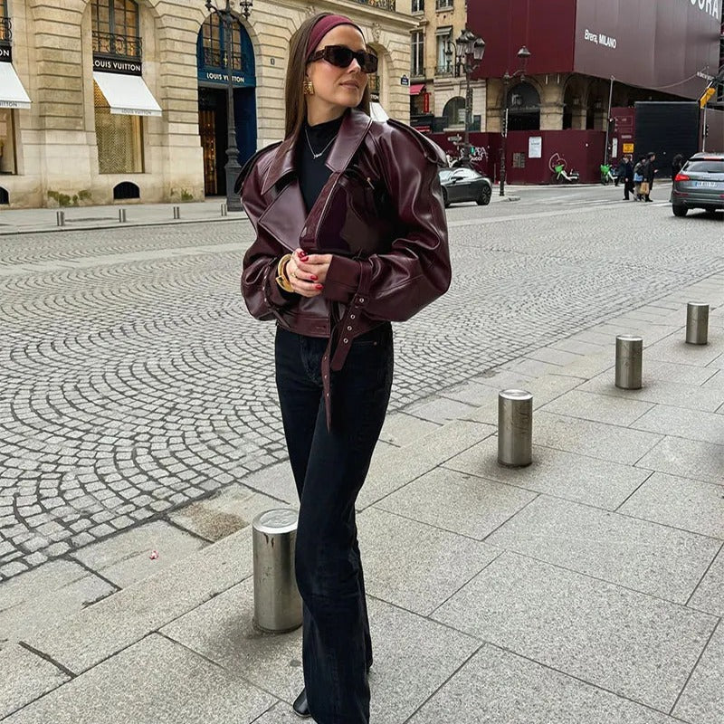 Women's Cropped Vegan Leather Jacket – Slim Lapel Collar