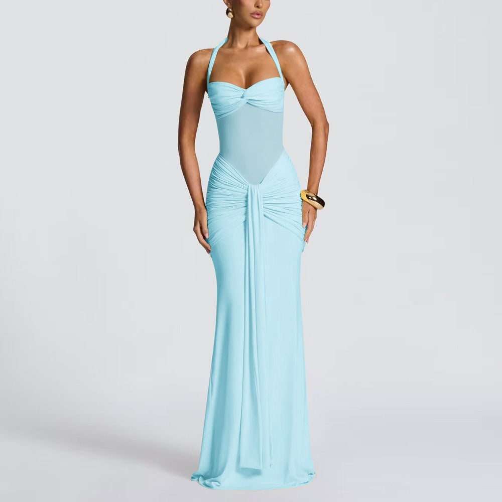 Women's Ruched Maxi Dress – Sheer Panel Detail