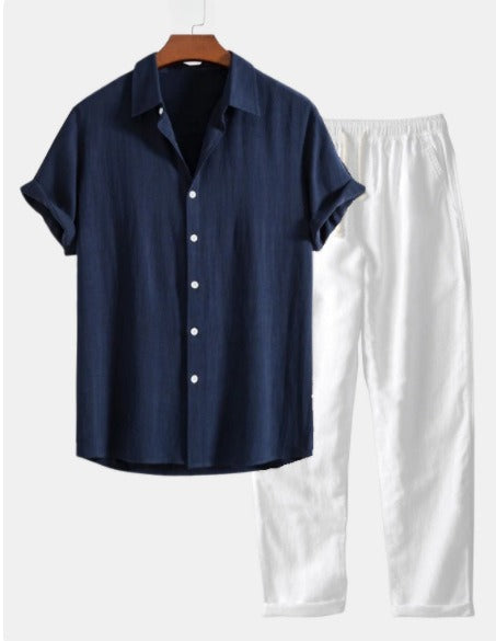 Men's Linen Two-Piece Set – Short Sleeve Drawstring