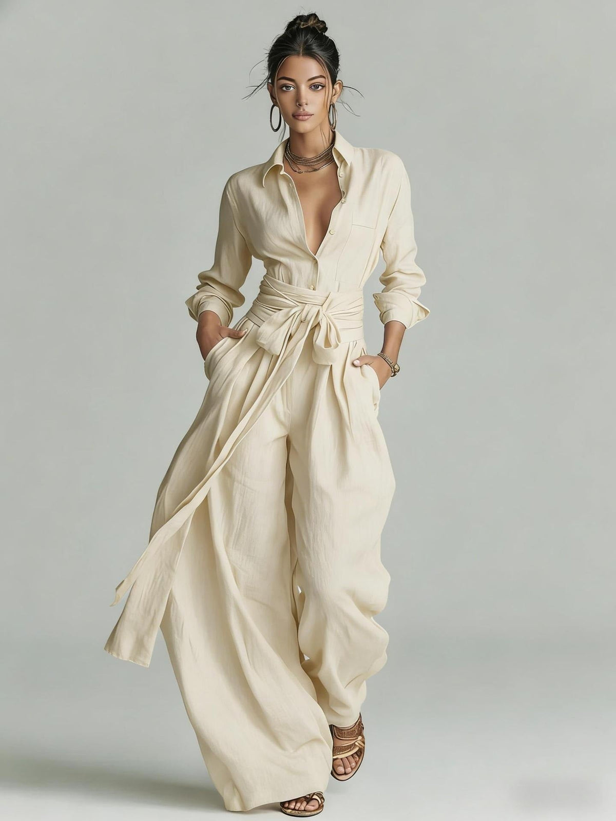Women's Linen-Cotton Two-Piece Set – Tie-Waist Shirt and Pants