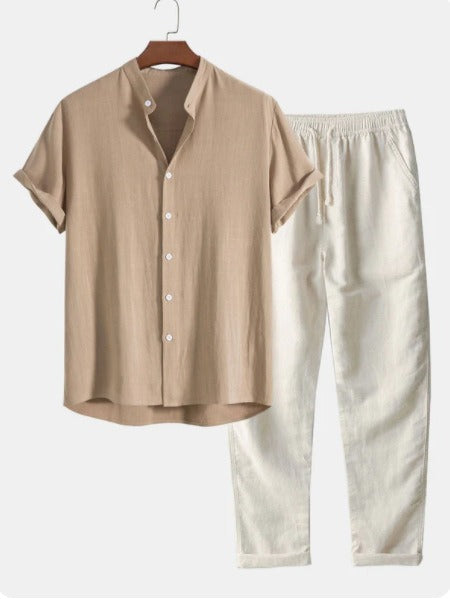Men's Linen Two-Piece Set – Short Sleeve Drawstring