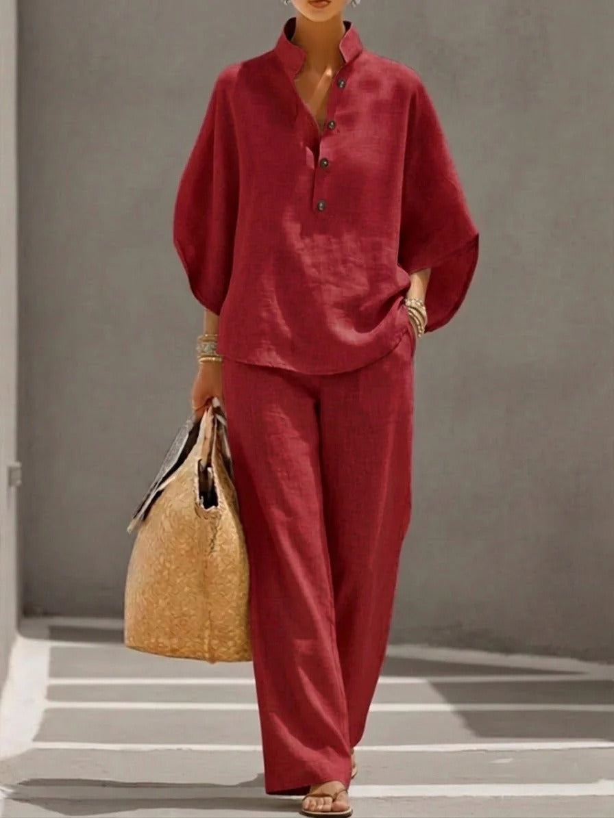 Women's Linen-Blend Co-ord Set – Oversized V-Neck Top