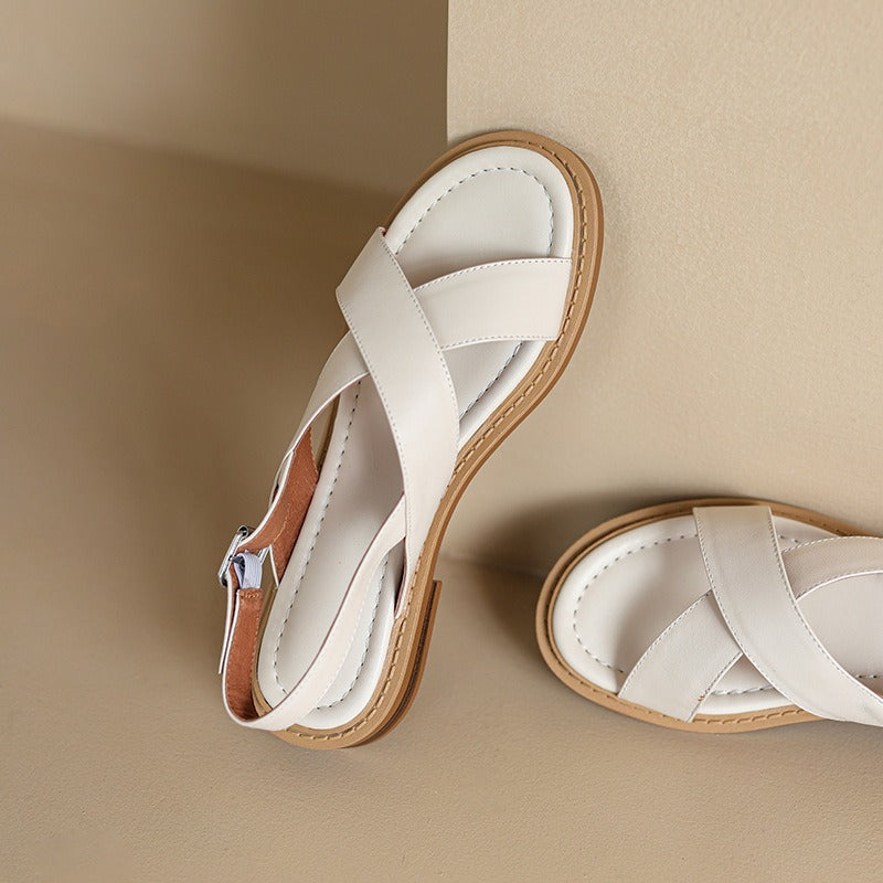 Women's Leather Flat Sandal – Crossover Strap Open Toe