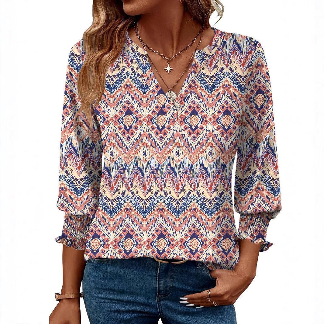 Women's Printed Blouse – Relaxed Three-Quarter Sleeve