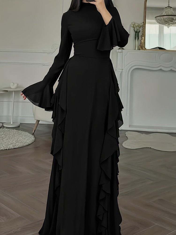 Women's Ruffled Maxi Dress – Flared Sleeve Floor Length