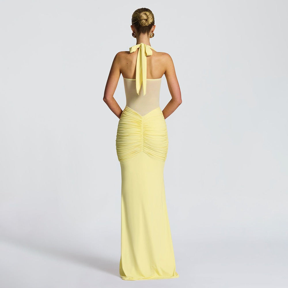 Women's Ruched Maxi Dress – Sheer Panel Detail