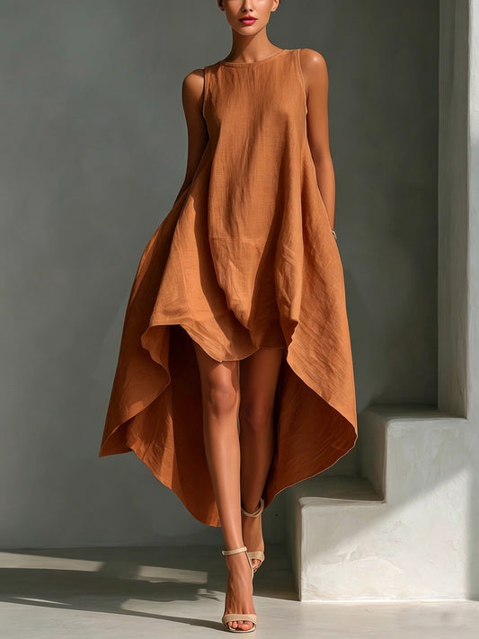 Women's Sleeveless Midi Dress – Asymmetric Flared Hem