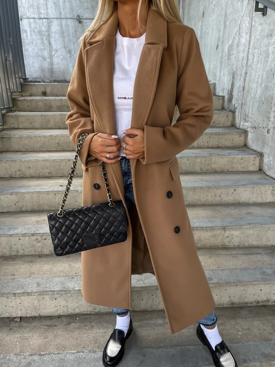 Women's Double-Breasted Long Coat – Belted Notch Lapel