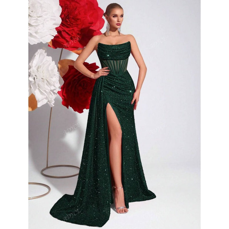Women's Embellished Maxi Dress – Sheer Structured Bodice