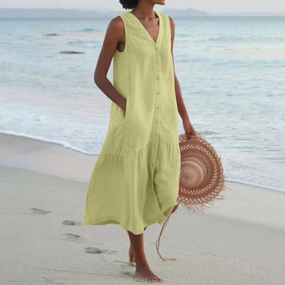 Women's Sleeveless Cotton Midi Dress – Tiered Button-Front