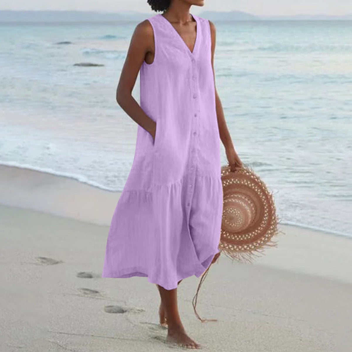Women's Sleeveless Cotton Midi Dress – Tiered Button-Front