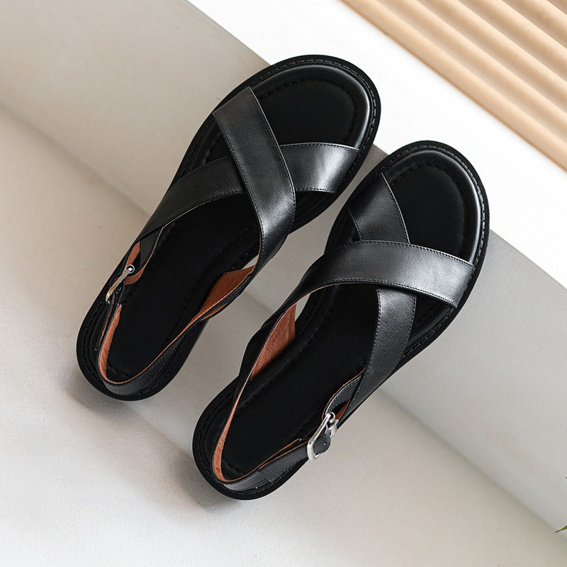 Women's Leather Flat Sandal – Crossover Strap Open Toe