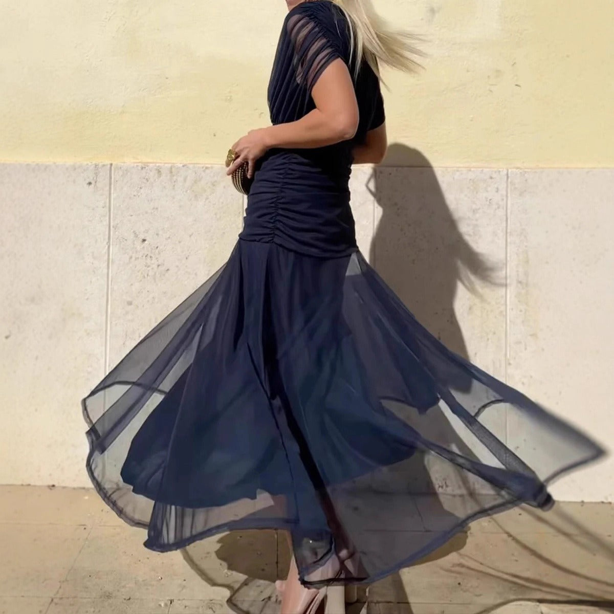 Women's Chiffon Maxi Dress – Printed V-Neck Short Sleeve