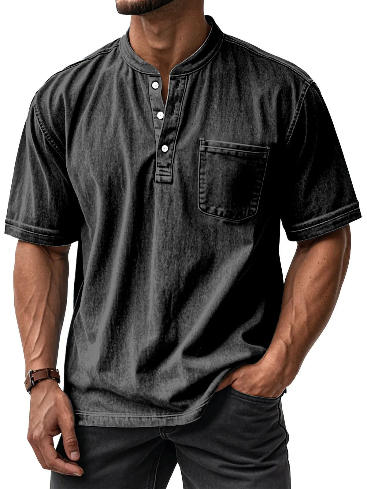 Men's Short-Sleeve Cotton Shirt – Relaxed Round Collar