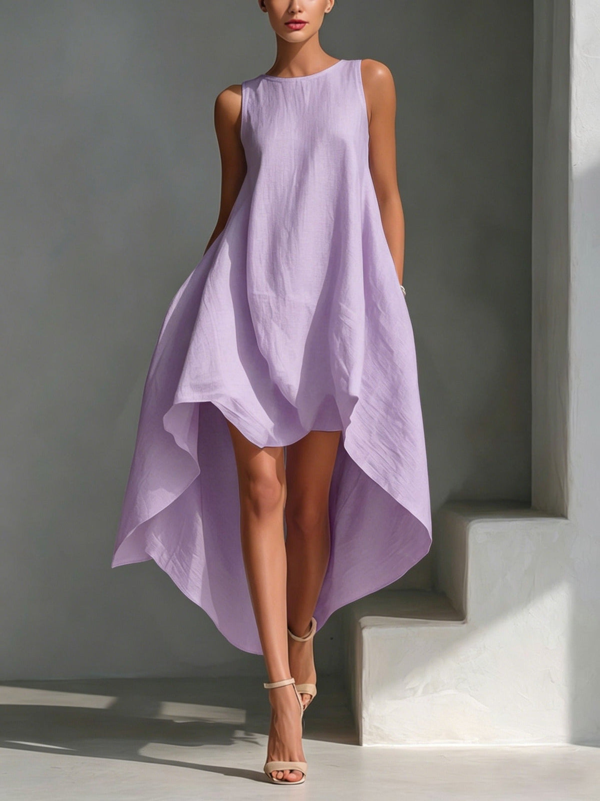 Women's Sleeveless Midi Dress – Asymmetric Flared Hem