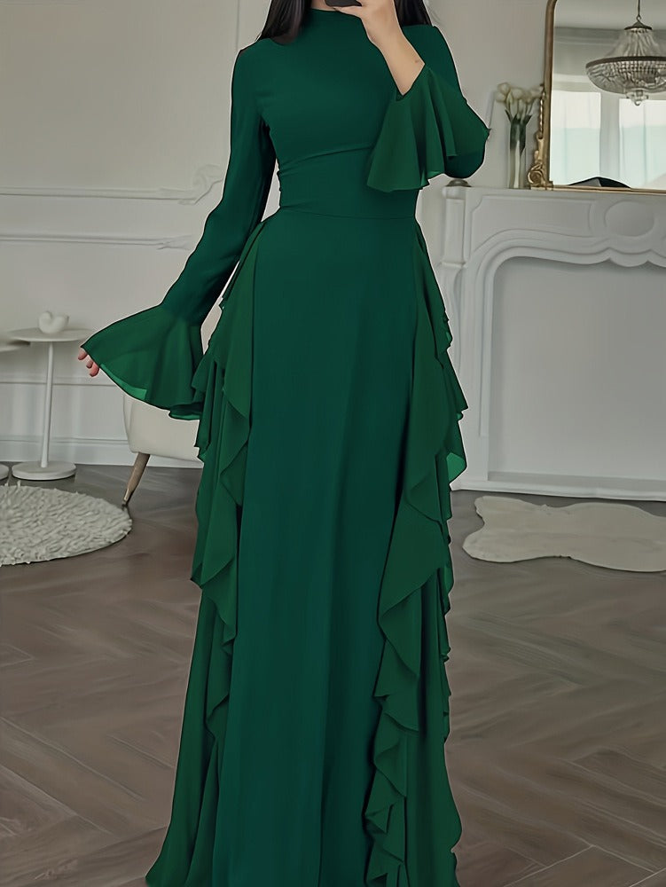 Women's Ruffled Maxi Dress – Flared Sleeve Floor Length