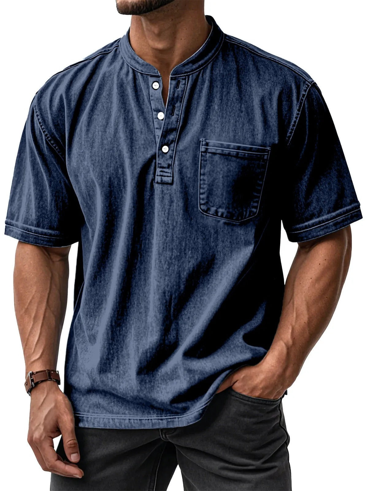 Men's Short-Sleeve Cotton Shirt – Relaxed Round Collar