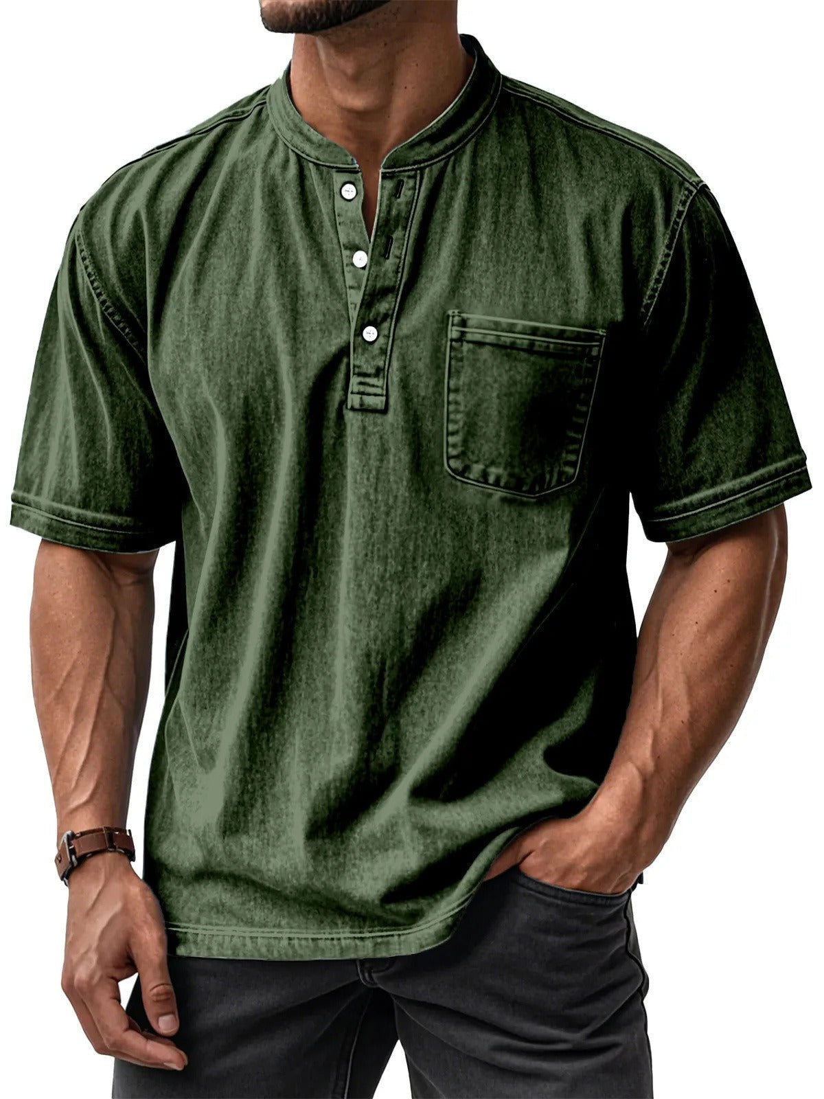 Men's Short-Sleeve Cotton Shirt – Relaxed Round Collar