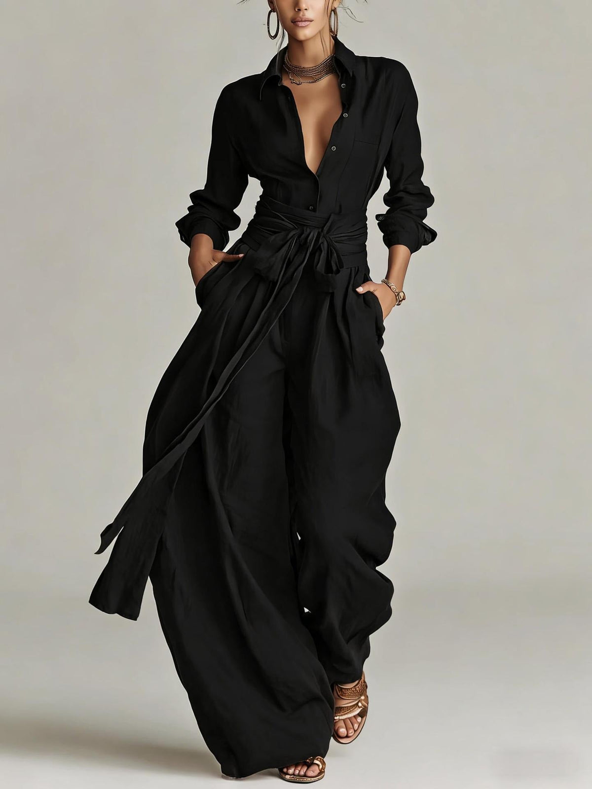 Women's Linen-Cotton Two-Piece Set – Tie-Waist Shirt and Pants