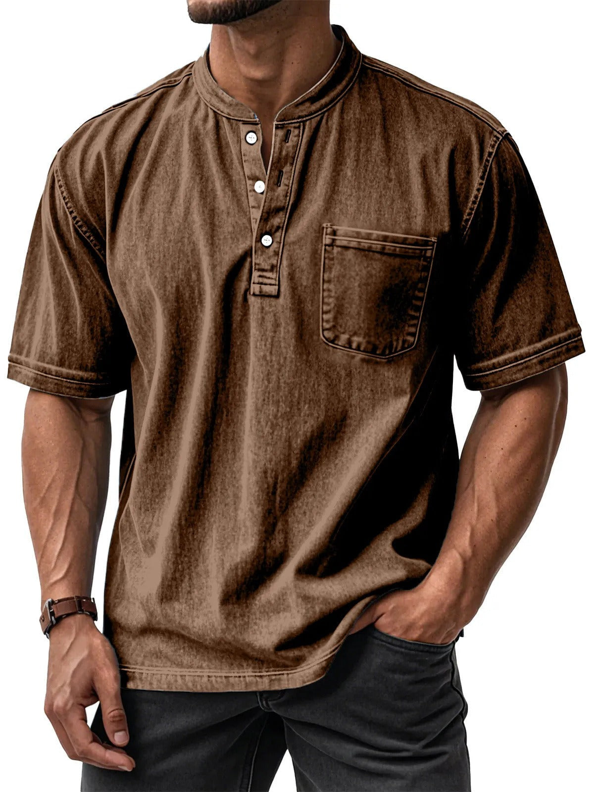 Men's Short-Sleeve Cotton Shirt – Relaxed Round Collar