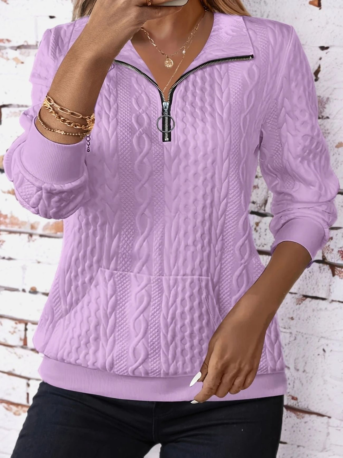 Women's Cable-Knit Sweater – Quarter-Zip Crew Neck
